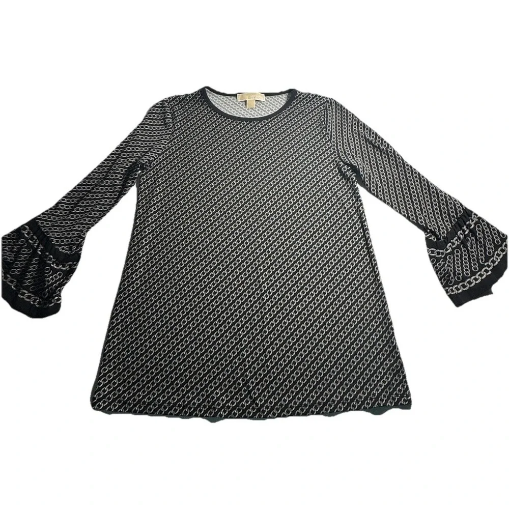 Michael Kors Women Black White‎ Chain Link Print Bell Sleeve Top Size S Blouse